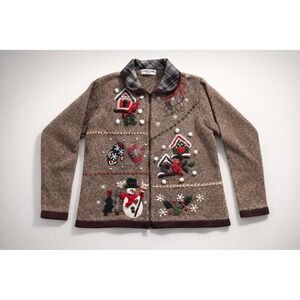 Victoria Jones Petite Vintage Christmas Cardigan Sweater Brown Zip Up Rare Retro